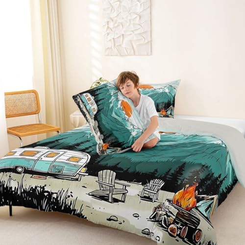 Erosebridal RV Camper King Size Comforter Set, Rustic Camping Themed Bedding Sets for Kids Girls Boys, Mountain Cabin Forest Bed Set Quilts, Outdoor Travel Trailer Room Decor - Image 4