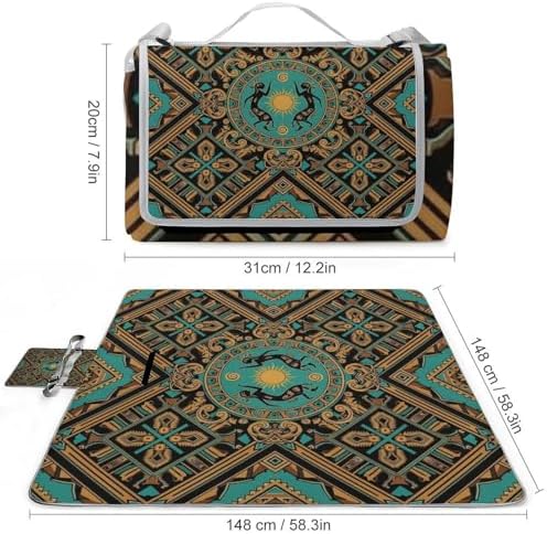Large Foldable Picnic Blanket Teal Southwestern Southwest Design Native African American Indian Flute Outdoor Picnic Mat Waterproof Beach Blanket for Park Camping - Image 2