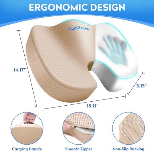 CushZone Memory Foam Seat Cushion for Office Car & Wheelchair, Khaiki - Image 3