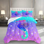 HOSIMA Mermaid Fish Scales Bedding Sets,Seahorse Printed Ocean Animal Rainbow Bedding Glitter Star Themed Full Comforter Set for Girls Kids Room Decor,Bed Set for Girls with 2 Pillowcases. by HOSIMA