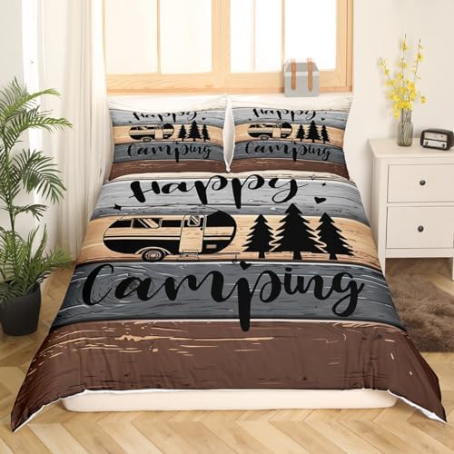 Camp RV Duvet Cover Brown Grey Stripes Vintage Barn Door Bedding Set Western Farmhouse Style Comforter Cover(No Filler) for Boys Girls Kids Room Decor Bedspread Twin Size with 1 Pillowcase - Image 2