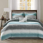 Madison Park Essentials Queen Comforter Set, Bed in a Bag Queen, Watercolor Print Coastal Comforter & Chambray Cotton Sheet Set, All Season Bedding Set, Saben, Aqua Queen (90 in x 90 in) 9 Piece by MADISONPARK