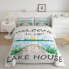 Lake House Comforter Set King Size Rustic Farmhouse Bedding Set for Kids Adults Women Teens Cabin Home Room Decor Watercolor Lake Mountain Scenery Quilted Duvet Retro Plaid Print Duvet Insert 3pcs - Image 2