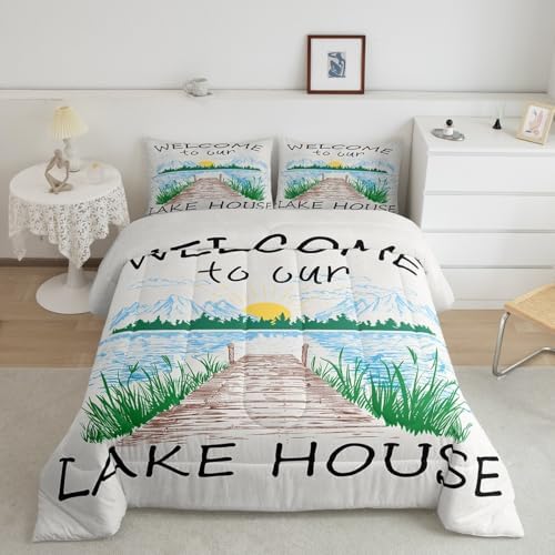 Lake House Comforter Set King Size Rustic Farmhouse Bedding Set for Kids Adults Women Teens Cabin Home Room Decor Watercolor Lake Mountain Scenery Quilted Duvet Retro Plaid Print Duvet Insert 3pcs - Image 2