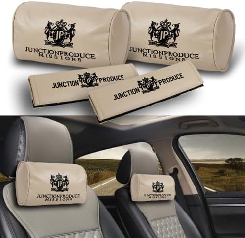 W-POWER 4PCS Junction Produce JDM Car Neck Pillow Headrest + JP VIP Embroidery Car Seat Belt Cover Set (Beige) by W-POWERAutomotive