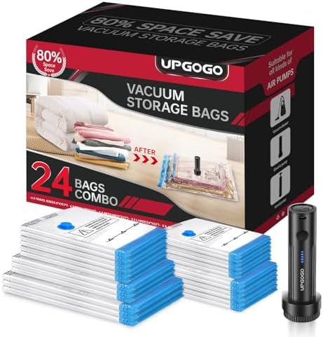 UPGOGO Combo 24 Pack Vacuum Storage Bags with Portable Electric Pump,Vacuum Seal Bags for Clothing,Space Saver Bags,Vacuum Travel Bags for Luggage by UPGOGO