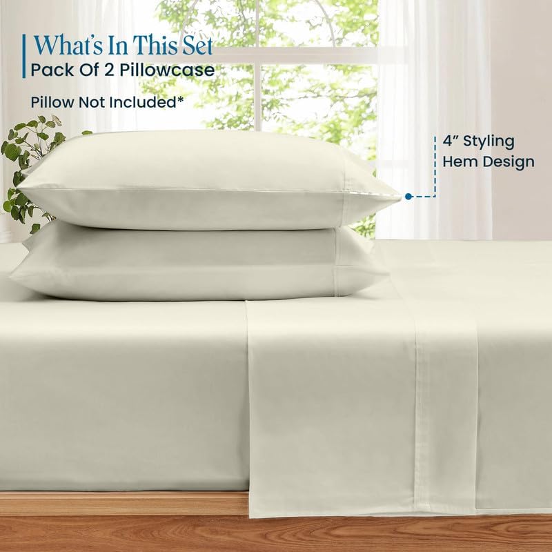 100% Pima Cotton Pillowcases – 800 Series, Ultra Soft & Cooling, Custom Size, Set of 2 – Beige, Hotel Luxury Quality, Envelope Closure, Skin & Hair Friendly - Image 2