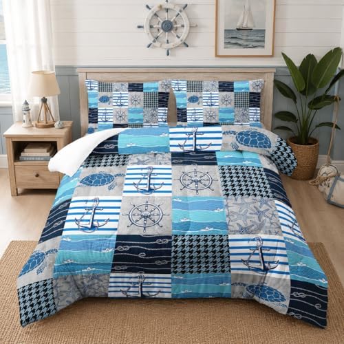 Nttopship Navigation Theme Comforter Sets King Size， Bedding Sets for Kids,Turtles and Ship Anchors Comforter Sets All Season 1 Comforter and 2 Pillowcases by Nttopship