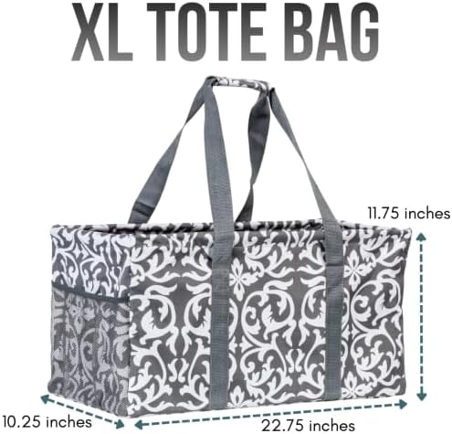 Extra Large Utility Tote Bag - Oversized Collapsible Beach Bag - Damask Gray - Image 3