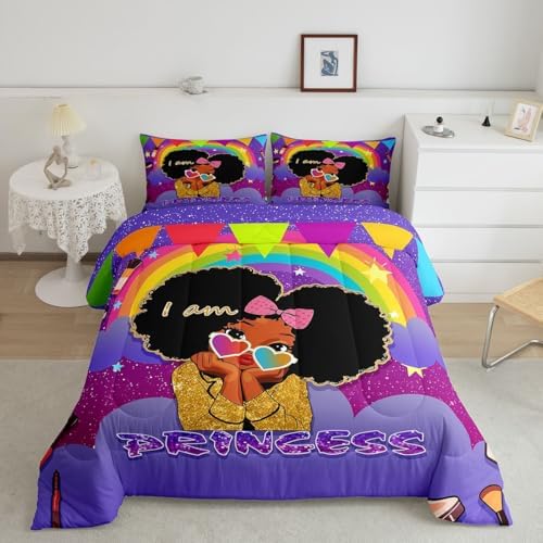 Erosebridal Black Girls King Comforter Set African Princess Bedding Set Dreamy Rainbow Magical Comforter Cute Little Princess Bed Sets for Kids Melanin Bedroom Decor (1 Comforter, 2 Pillowcases) - Image 7