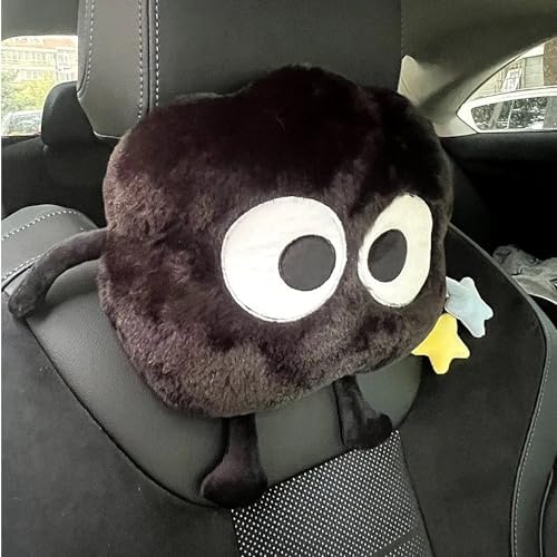 Car Headrest Pillow & Steering Wheel Cover Set with Cute Big-Eyed Furball Travel Neck Support Pillow Fur Car Interior Accessory (Black 3Pcs Set) - Image 2