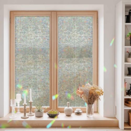 Window Privacy Film Static Cling, Sage Green Modern Striped Decorative Stained Glass Window Film for Sliding Patio Doors/Living Room Glass Doors, Grid Line Blocks Farmhouse 29.5 x 78.7 Inches - Image 3