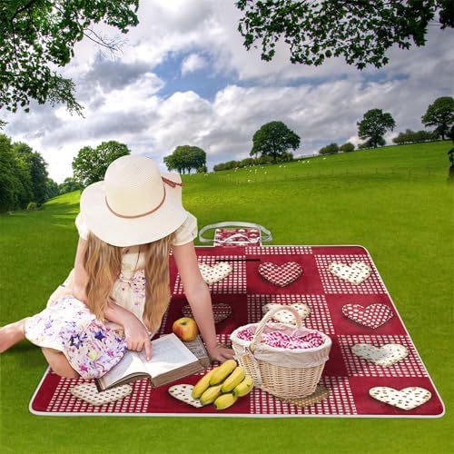 MNSRUU Picnic Blanket Waterproof Foldable, Red White Checkered Heart Large Outdoor Picnic Beach Camping Blanket Travel Mat, Shoulder Strap Tote, Rectangle 57x59in - Image 2