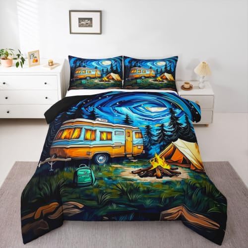 Erosebridal Happy Camping King Bedding Set Galaxy Stars Moon Comforter Set for Kids Boys Girls Camper Car Bed Comforter Sets Rustic Adventure Quilt Duvet by Erosebridal
