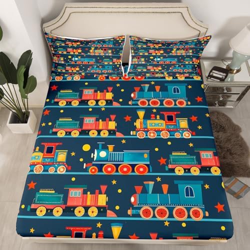 Erosebridal Vintage Train Fitted Sheet for Boys Girls Kids Cartoon Trains Twin Bed Sheets,Railroad Print Sheets Colorful Steam Engine Bedding Sets, No Top Sheet - Image 2