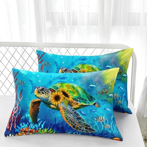 Nttopship Sunflower Turtle Comforter Sets Queen Size Bedding Sets for Kids and Adults 3Pcs,Ocean Turtle Comforter Sets All Season 1 Comforter and 2 Pillowcases - Image 4