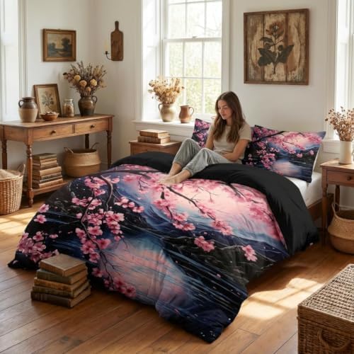 CCoutueChen Japanese Cherry Blossom Comforter Set King Women Black Pink Floral Bedding with 2 Pillowcases, 3Pcs Soft Farmhouses Country Bedroom Decor Quilt Set, 104"x90" - Image 2
