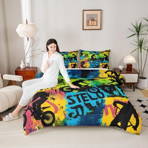 Erosebridal Boys Dirt Bike Comforter Set Queen Size Skateboard Bedding Set Motorcycle Motocross Duvet Set Extreme Sports Game Quilt Set Hip Hop Colorful Comforter Set for Kids Teens Adult - Image 4