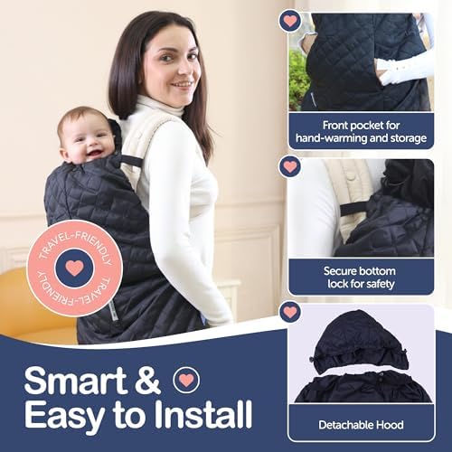 Baby Carrier Cover with Detachable Hood - Windproof & Water-Resistant Winter Car Seat Cover Baby Girl & Boy, Universal Travel Carrier & Stroller Blankets for Babies - Lightweight Fabric - Image 4
