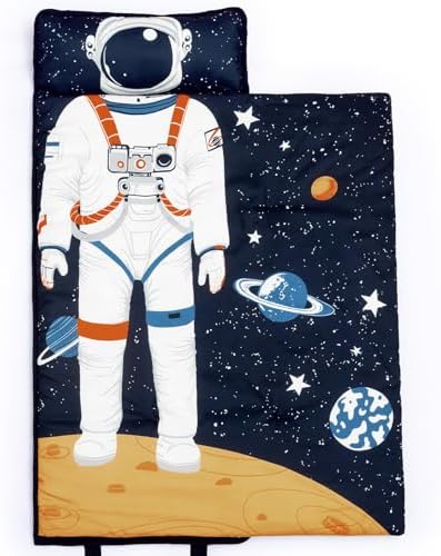 PHF Toddler Nap Mat with Removable Pillow and Minky Blanket, Rollup Design Kids Sleeping Mat, Slumber Bags for Boys, 50"x20" Toddler Sleeping Bag for Daycare Preschool Travel Camping, Astronaut by PHF