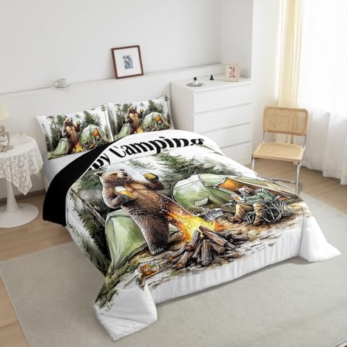 Erosebridal Happy Camping Toddler Bedding Set,RV Camper Comforter Sets for Travel Trailer Bunk,Forest Bear Quilt Bed Set for Boys Girls,Rustic Farmhouse Bedroom Decor,1 Pillowcase Breathable - Image 3