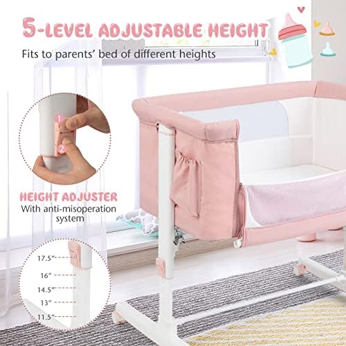 BABY JOY Bassinet Bedside Sleeper, 3 in 1 Folding Crib w/Adjustable Height, Mattress, Lockable Wheels, Storage Pocket & Carry Bag for Infant Newborn, Stationary & Rock, Portable Baby Bassinet (Pink) - Image 2