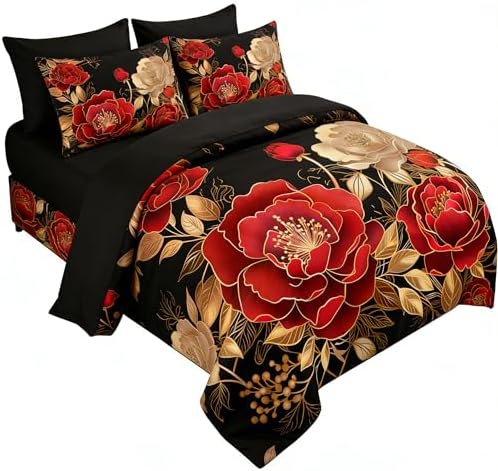 CCoutueChen Vintage Floral Full Size Bed in A Bag for Girls, 7Pcs Modern Black Red Bedding Set, Farmhouse Botanical Quilted Comforter with 2 Pillowcases+1 Flat Sheet+1 Fitted Sheet+2 Pillowshams - Image 4