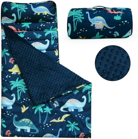 PHF Toddler Nap Mat with Removable Pillow and Minky Blanket, Rollup Design Kids Sleeping Mat, Slumber Bags for Boys, 55"x23" Toddler Sleeping Bag for Daycare Preschool Travel Camping, Dinosaur by PHF