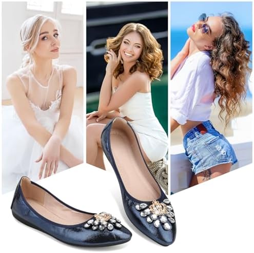KUNWFNIX Women's Ballet Flats Foldable Classic Crown Rhinestone Slip On Bowknot PU Leather Faux Suede Pointed Toe Comfort Flat Casual Dress Shoes - Image 2