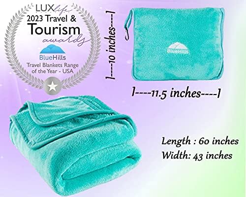 BlueHills Travel Blanket Pillows for Two Airplane Traveling Essentials Flight Throws in Bag case with Backpack Clip Compact Large Plane Accessories – Teal Green and Light Gray - Image 4