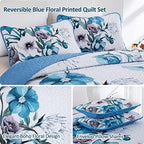 Drucon Floral Quilt Set King 3 Pieces Boho Blue Floral Quilt Coverlet Set - Image 5