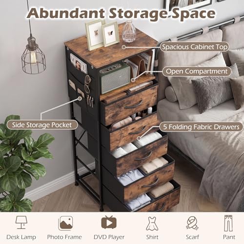 KOMFOTT 2 Nightstands with Integrated Charging Station, 39" Tall Modern End Table with 5 Fabric Drawers, Side Pockets and Open Shelf, Bedside Table with 2 AC Outlets, USB and Type-C Ports for Bedroom - Image 6