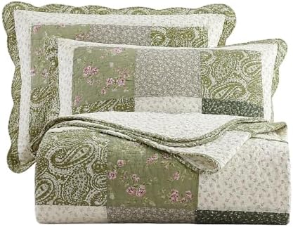 vctops Farmhouse Green 3 Piece Patchwork Quilted Set Floral Embroidery Cotton Bedding Set Lightweight Reversible Bedspread Coverlet 1 Quilt + 2 Pillow Shams (Green Floral,91"x98") by vctops