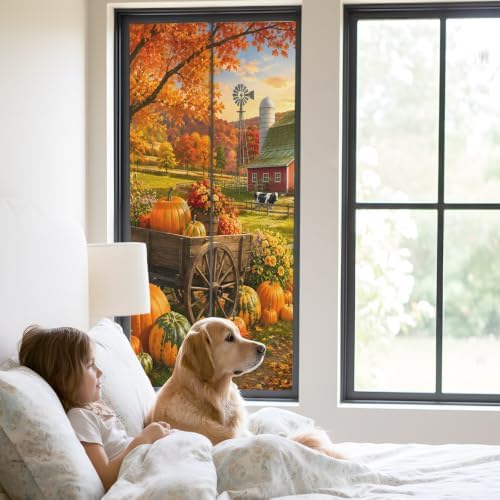 Window Privacy Film Frosted, Fall Pumpkins Static Cling Door Window Covering, Thanksgiving Farmhouse Harvest Maple Leaves UV Blocking Windows Film for Office, Hotel, Bedroom, 29.5 x 78.7 Inches - Image 2