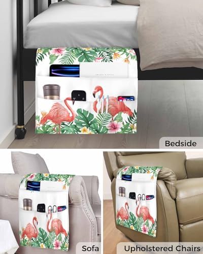 Sofa Armrest Organizer Bedside Caddy, Tropical Non Slip Couch Remote Control Holder, Green Palm Leaves Pink Flamingo Flowers Arm Chair Caddy with Pocket for Phone, 19.7''x35'' - Image 5