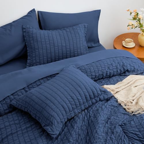 Love's cabin Seersucker Dark Blue Full Comforter Set, 7-Piece Bed in a Bag - Image 4