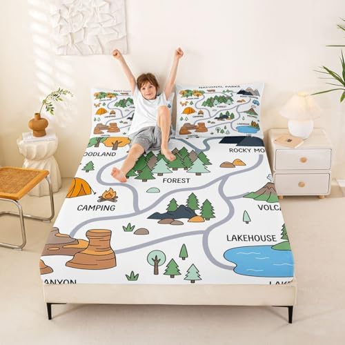 Erosebridal Forest Camping Theme Full Size Bedding Set, Camping Lover Gifts Fitted Sheet for Kids Girls Boys, Outdoor RV Camper Bed Sheets Set, Rustic Mountain Cabin Room Decor - Image 2