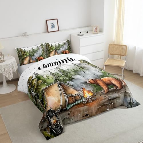 Erosebridal RV Camper Queen Bedding Set,Kids Camping Decor Comforter Set for Travel Trailers,Rustic Cabin Bear Quilt Set Forest Mountain Adventure Bed Comforter Sets,2 Pillowcases - Image 3