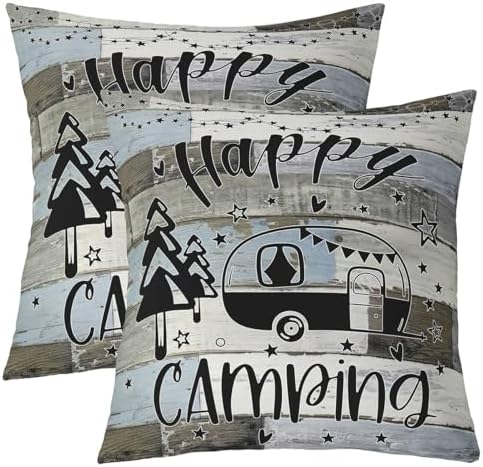 Feelyou Happy Camping Cushion Case Camper Throw Pillow Covers 16"x16" Set of 4 Gifts for RV Owners Rustic Farmhouse Style Decorative Pillow Case Pillowcase Vintage Wooden Outdoor Pillows Covers - Image 2
