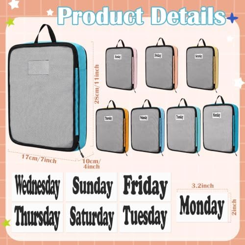 7 Pcs Packing Cubes for Travel Days of Week, Multicolor, S - Image 2