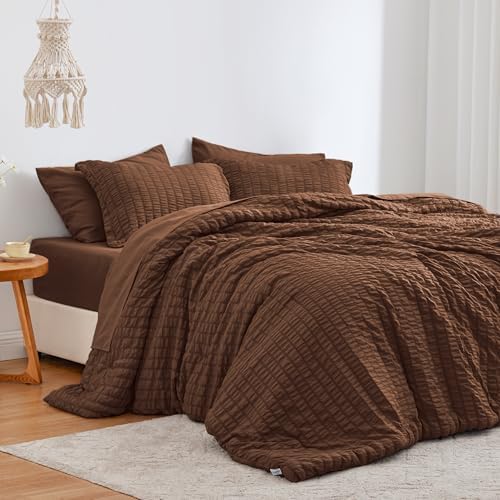 Love's cabin Seersucker Brown King Size Comforter Set, 7-Piece Bed in a Bag by Lovescabin