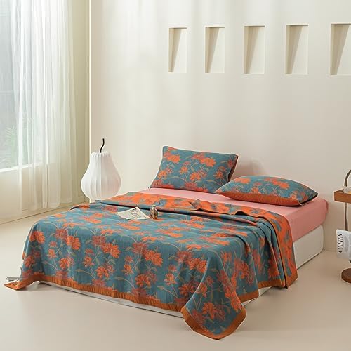 100% Cotton Muslin Blanket Jacquard Floral Flowers Bloosom Print Quilt, Soft Bed Cover Reversible Bedspread Coverlet Breathable Lightweight Bedding Full/Queen(78"x94"), No Pillow Sham - Image 3