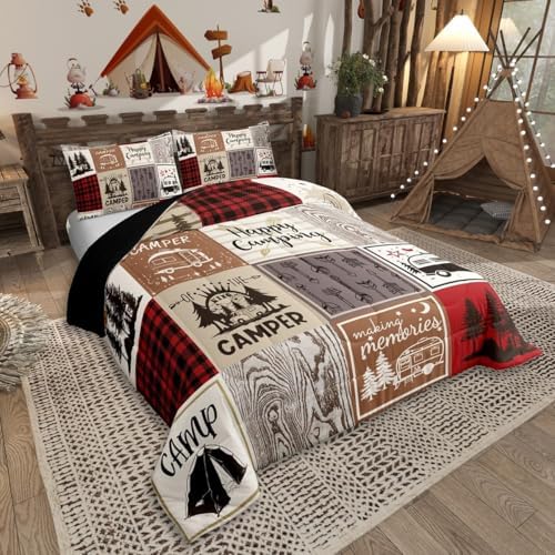 Erosebridal Short Full Comforter for Rv Camper Happy Camping Bunk Comforter Set Rv Camper Accessories Bedding for Travel Trailers, Patchwork Buffalo Plaid Pine Tree Arrow Quilt Set Red Brown - Image 2