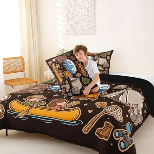 Erosebridal Happy Camping Camper King Size Bedding Set, Camping Lover Gifts Bed Comforter Sets for Kids Girls Boys, Outdoor RV Travel Trailer Quilt Duvet Set, Forest Theme Room Decor - Image 4