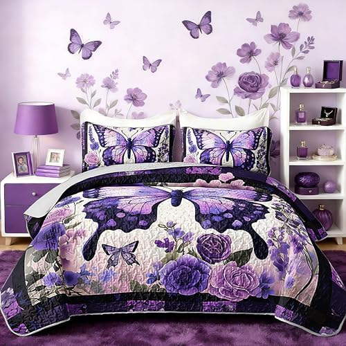 HOSIMA Floral Butterfly Aesthetic Plaid Twin Quilt Set with 2 Pillowcases. by HOSIMA