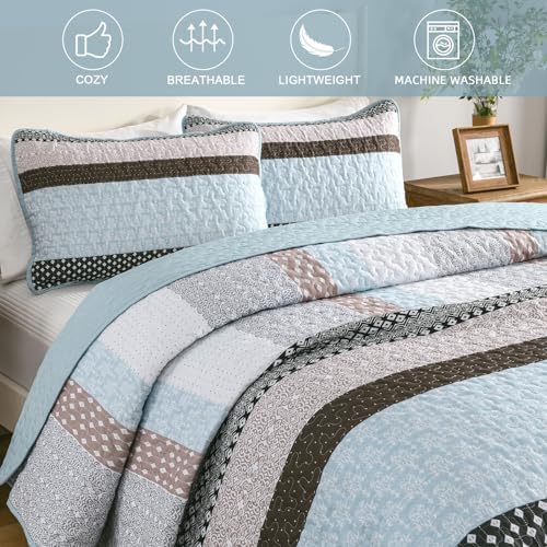 WONGS BEDDING Boho Quilt Queen Size, Patchwork Bedding Set, Blue Brown - Image 5