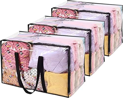 Vieshful 3 Pack Clear Storage Bags 110L Over-Sized Clothes Bags with Double Zippers Sturdy Handles Tote Moving Bags for Duvet, Comforters and Blankets Organizer by Vieshful
