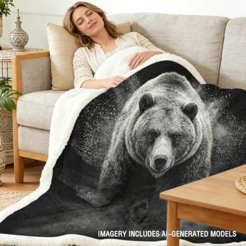 Grizzly Bear Sherpa Blanket Strong Animal Print Throw Blanket for Men Cozy Soft Warm 50x60 Inches Wildlife Design Comfort Gift for Bedroom Couch Office Decor Birthday Housewarming Anniversary - Image 2