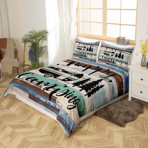 Happy Camping Bedding Set Farmhouse Brown Blue Wood Barn Comforter Cover Set for Kids Teens Bedroom Decor RV Camper Travelling Duvet Cover Microfiber Breathable Bedspread Full Size(No Filler) - Image 4