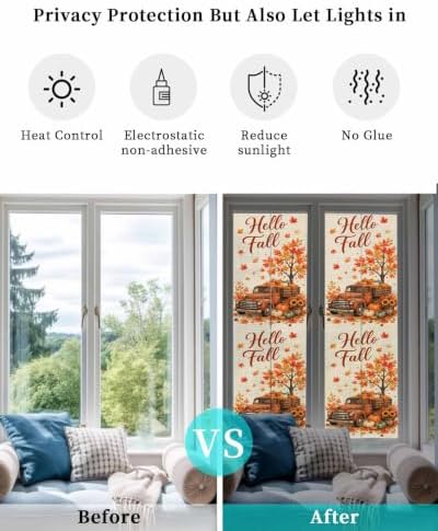 Window Privacy Film Frosted, Thanksgiving Fall Reusable Static Cling Window Tints, Orange Car Pumpkin Maple Leaves Tree Heat Control Windows Films for Offices, Balcony, 29.5 x 118 Inches - Image 6